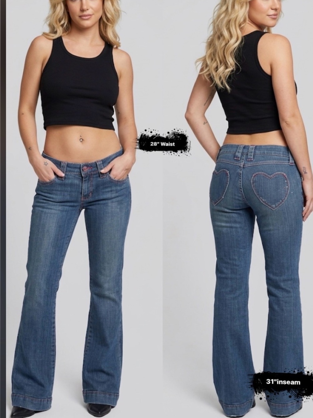 images.
🖤 d’auim jeans Vintage Y2K Heart Pocket Flare Jeans Low Rise Stretch 5